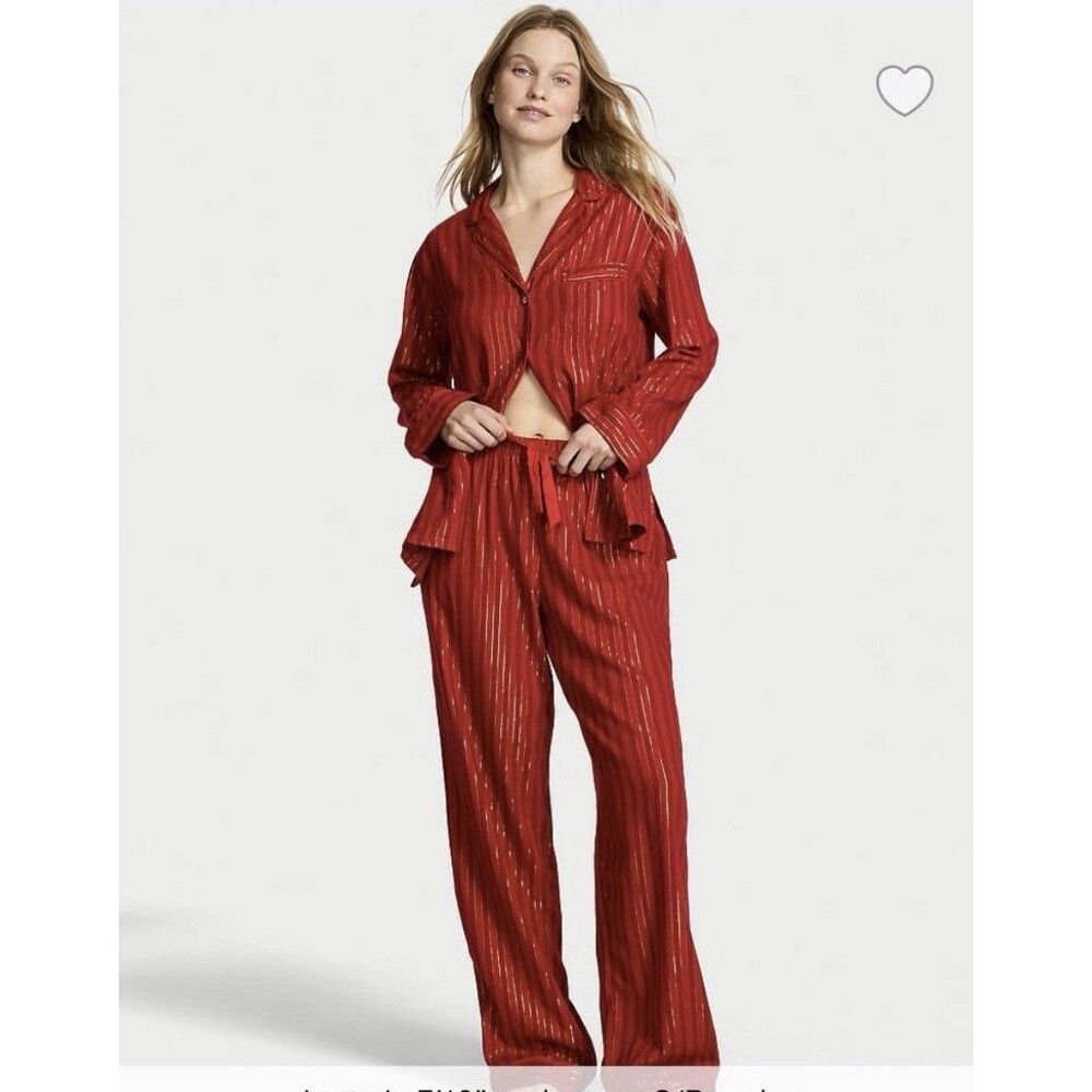 Victoria's Secret Pajama Set Sz M Red Gold Metallic Shimmer Stripe Cotton Modal